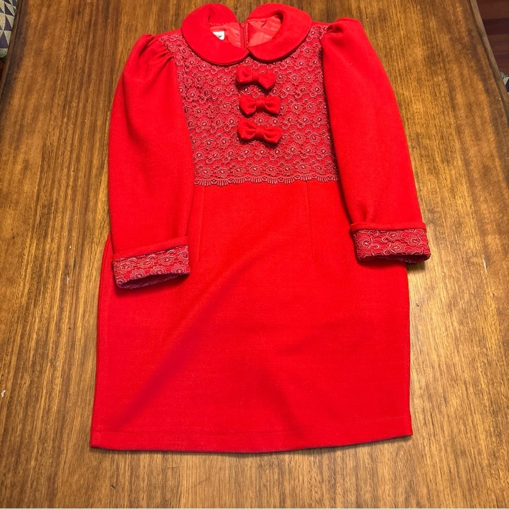 Vintage 60’s/70’s Girls Mod Red Christmas Dress Twiggy Bows Fitted By Brandi